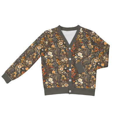 Floral Brown Cardigan Women, Fall Autumn Flowers Sweatshirt Sweater Long Sleeve Ladies Plus Size V Neck Lightweight Button Up Designer