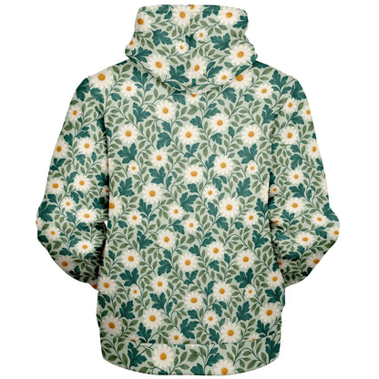 Daisy Zip Up Fleece Lined Hoodie, Floral Green Flowers Sherpa Heavyweight Full Zipper Pocket Men Women Unisex Hooded Sweatshirt Jacket