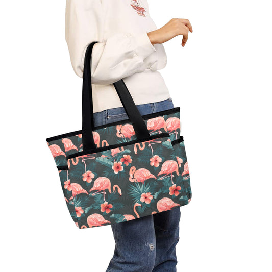 Pink Flamingo Canvas Tote Bag with Shoulder Strap, Tropical Beach Summer Aesthetic Shopping Reusable Bag with Pockets Purse - Starcove Fashion