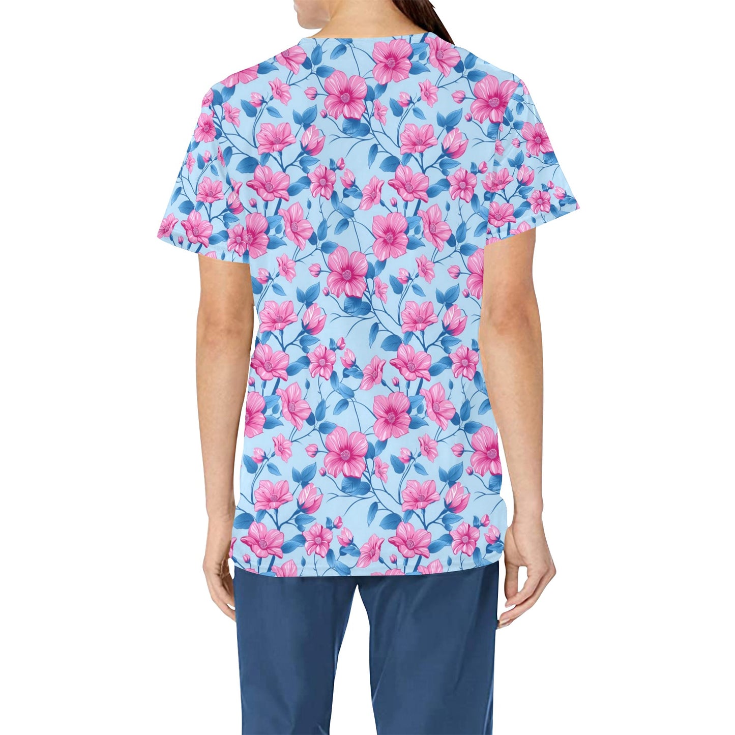 Pink Blue Floral Medical Scrubs Top Women, Flowers Ladies Female Plus Size Nursing Nurse Vet Veterinary Assistant Uniform Pockets