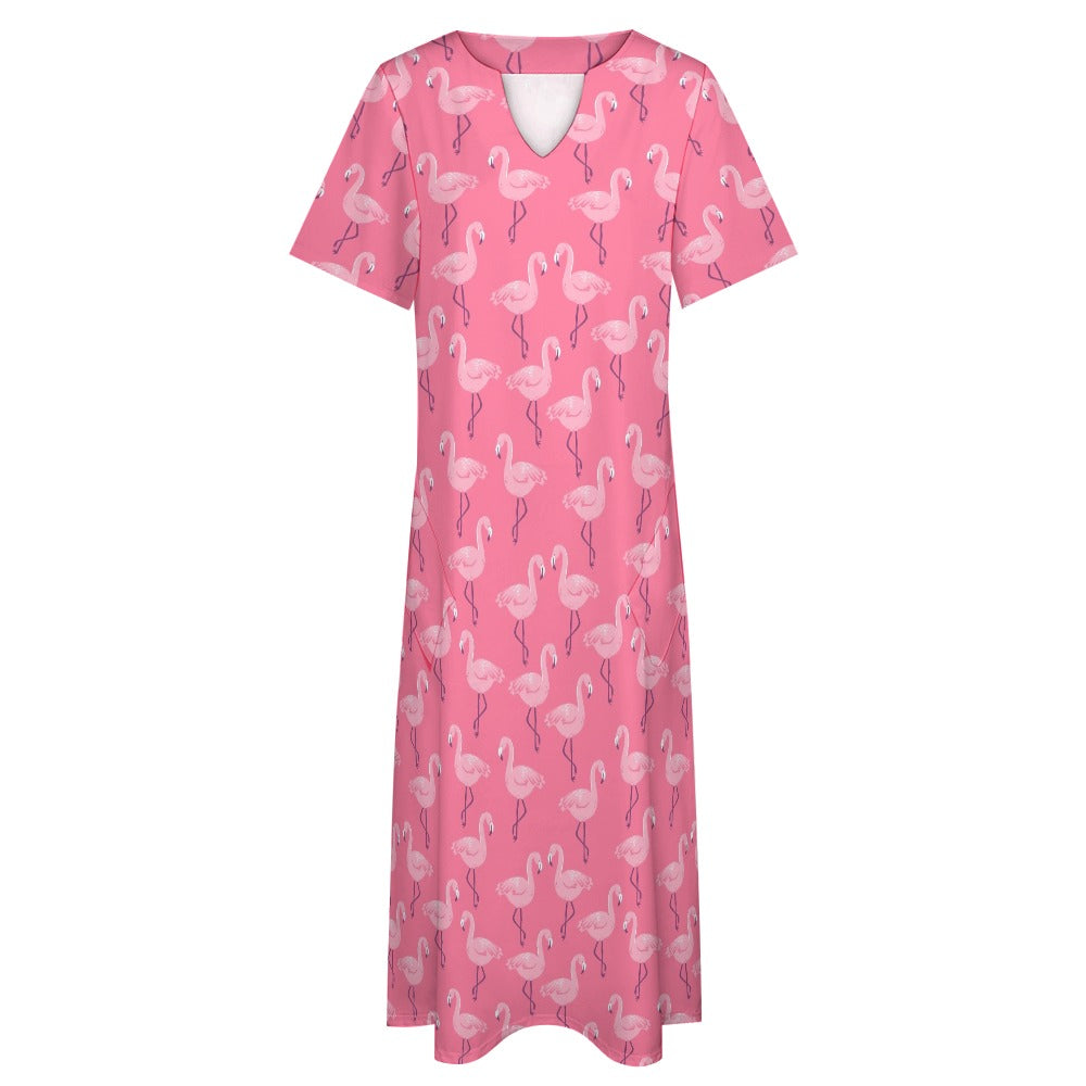 Pink Flamingo Women Maxi Dress, V-Neck Print Short Sleeve Evening Summer Cocktail Ladies Handmade Designer Plus Size Party Outfit Pockets