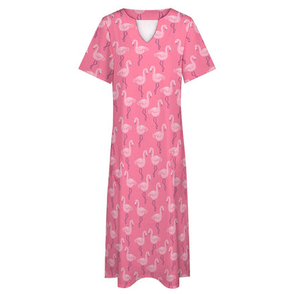 Pink Flamingo Women Maxi Dress, V-Neck Print Short Sleeve Evening Summer Cocktail Ladies Handmade Designer Plus Size Party Outfit Pockets