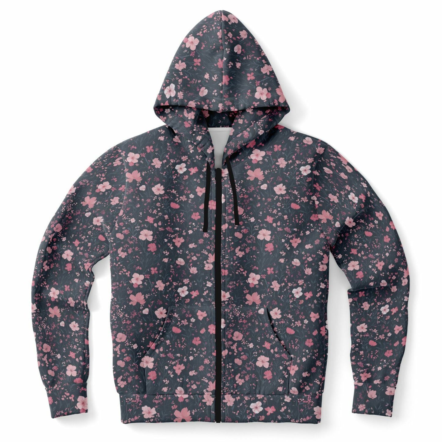 Floral Pink Zip Up Hoodie, Ditsy Flowers Full Zipper Pocket Men Women Unisex Adult Aesthetic Graphic Cotton Fleece Hooded Sweatshirt