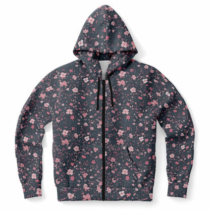 Floral Pink Zip Up Hoodie, Ditsy Flowers Full Zipper Pocket Men Women Unisex Adult Aesthetic Graphic Cotton Fleece Hooded Sweatshirt