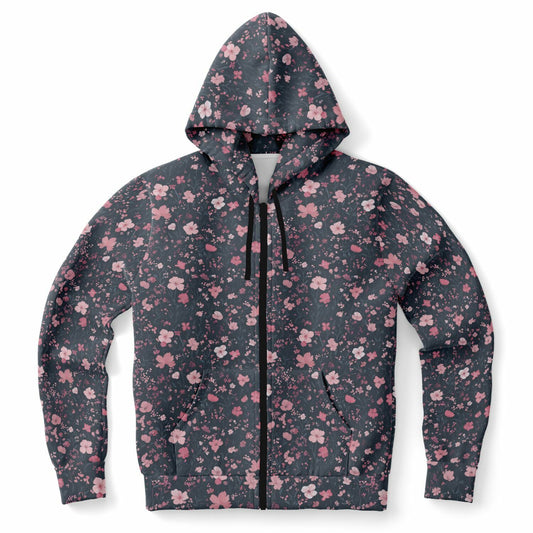Floral Pink Zip Up Hoodie, Ditsy Flowers Full Zipper Pocket Men Women Unisex Adult Aesthetic Graphic Cotton Fleece Hooded Sweatshirt