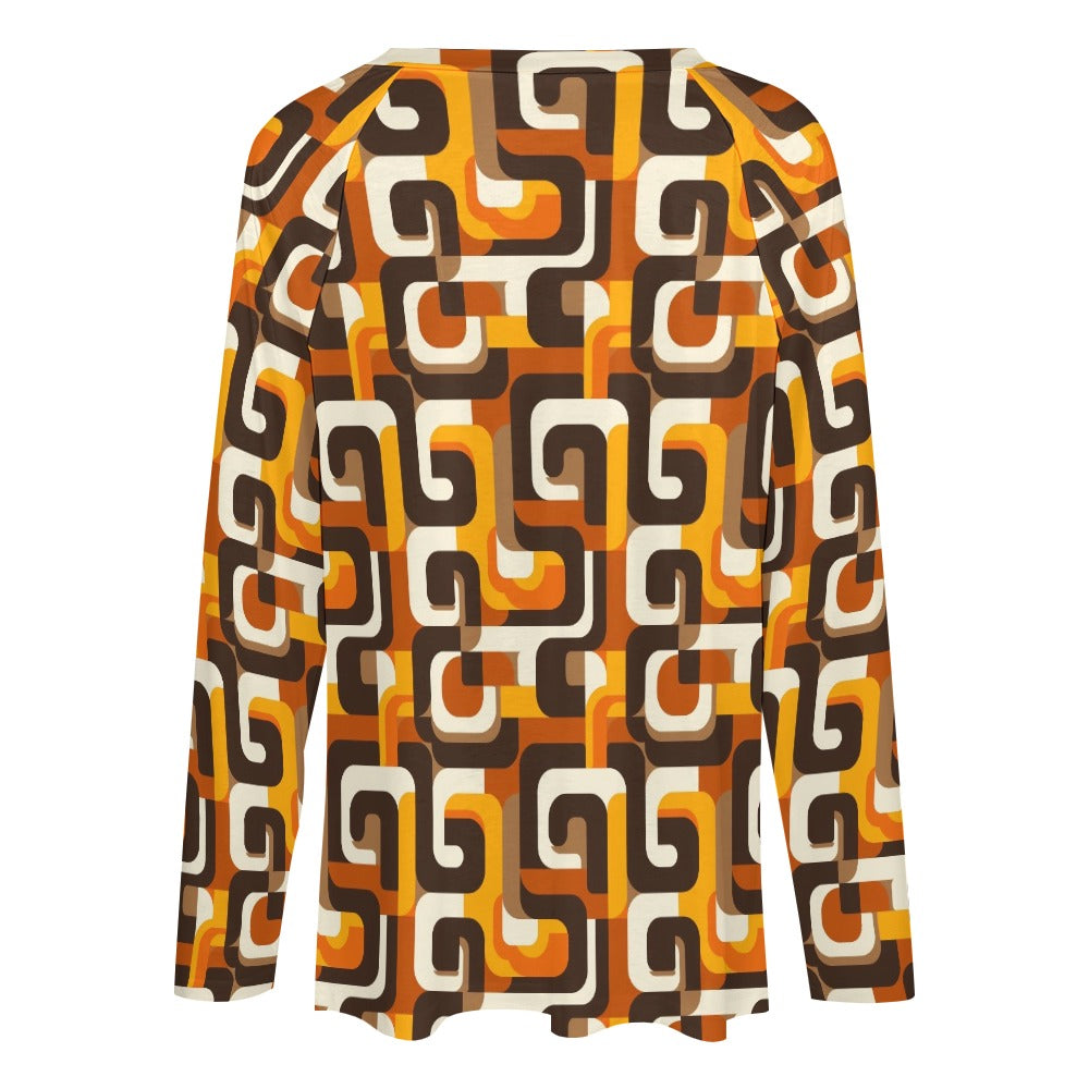 70s Geometric Women Long Sleeve Tshirt loose fit, Brown Orange Vintage Retro Relaxed V-neck Designer Aesthetic Ladies Female Tee Top Shirt