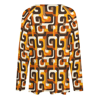 70s Geometric Women Long Sleeve Tshirt loose fit, Brown Orange Vintage Retro Relaxed V-neck Designer Aesthetic Ladies Female Tee Top Shirt