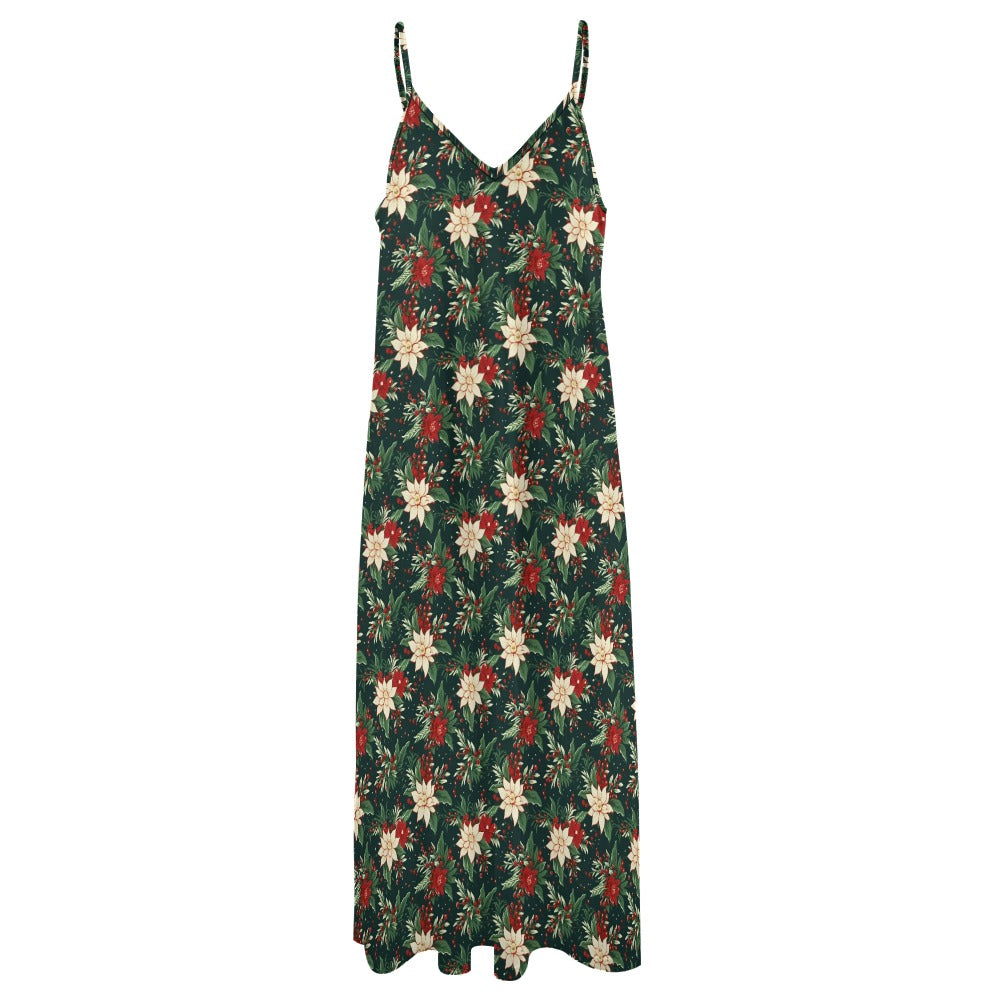 Christmas Party Maxi Dress, Green Red Vintage Xmas Berries Long Spaghetti Straps Women Sleeveless Casual Cute Designer Plus Size Cocktail 3XL / White Christmas Party Maxi Dress, Green Red Vintage Xmas Berries Long Spaghetti Straps Women Sleeveless Casual Cute Designer Plus Size Cocktail 3XL / White