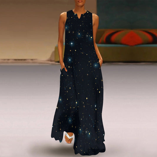 Constellation Maxi Sleeveless Dress, Galaxy Universe Print Space Stars Party Handmade Celestial A Line Women Ladies Cocktail Pockets Long