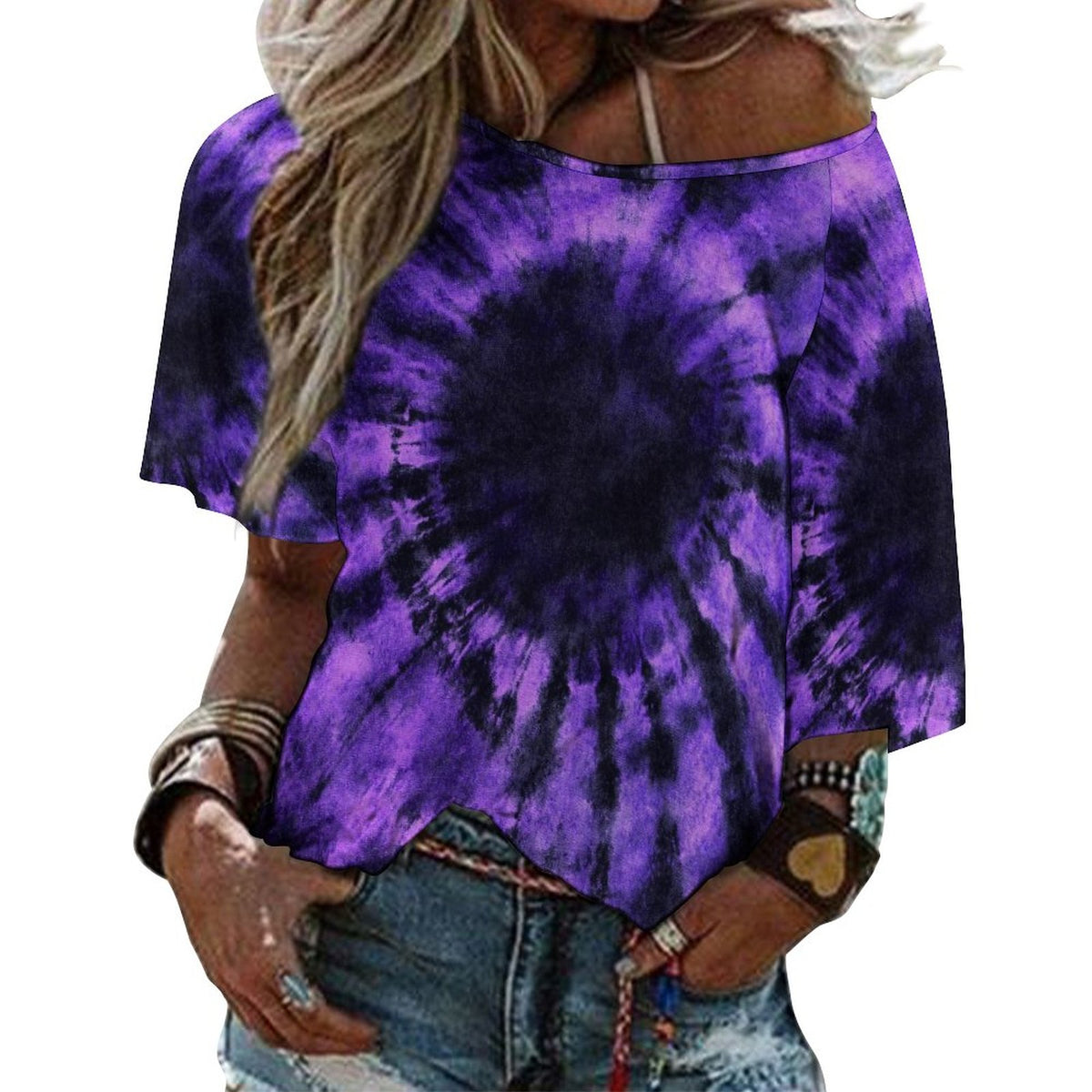 Black Purple Tie Dye Off the Shoulder Top Tshirt, Spiral Dark Retro Women Ladies Half Sleeve Shirt Blouse Loose Relaxed Fit Festival Casual - Starcove Fashion