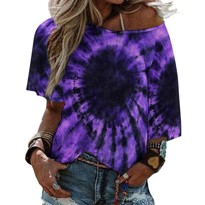 Black Purple Tie Dye Off the Shoulder Top Tshirt, Spiral Dark Retro Women Ladies Half Sleeve Shirt Blouse Loose Relaxed Fit Festival Casual - Starcove Fashion