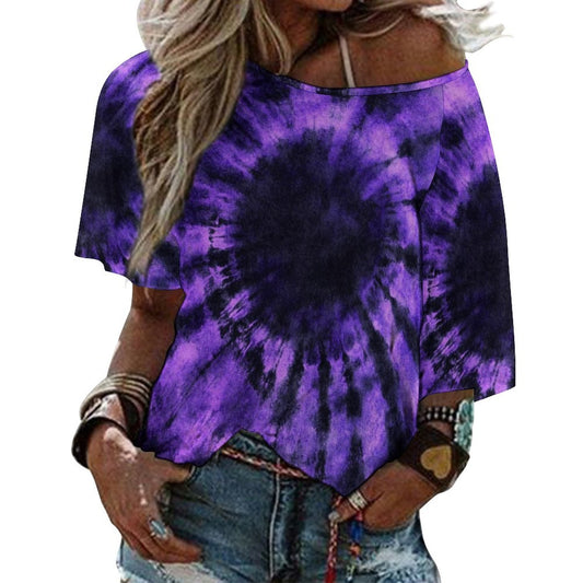 Black Purple Tie Dye Off the Shoulder Top Tshirt, Spiral Dark Retro Women Ladies Half Sleeve Shirt Blouse Loose Relaxed Fit Festival Casual