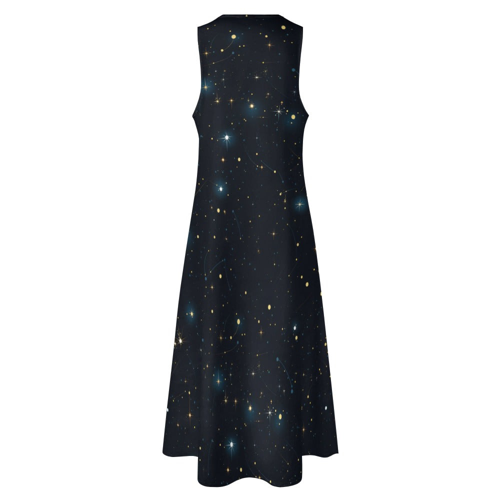 Constellation Maxi Sleeveless Dress, Galaxy Universe Print Space Stars Party Handmade Celestial A Line Women Ladies Cocktail Pockets Long - Starcove Fashion