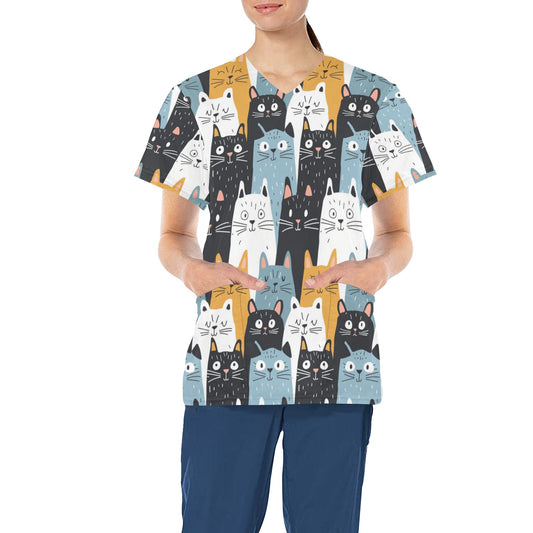 Cats Medical Scrubs Top Women, Kittens Ladies Female Plus Size Nursing Cute Printed Nurse Vet Veterinary Assistant Uniform V Neck Pockets
