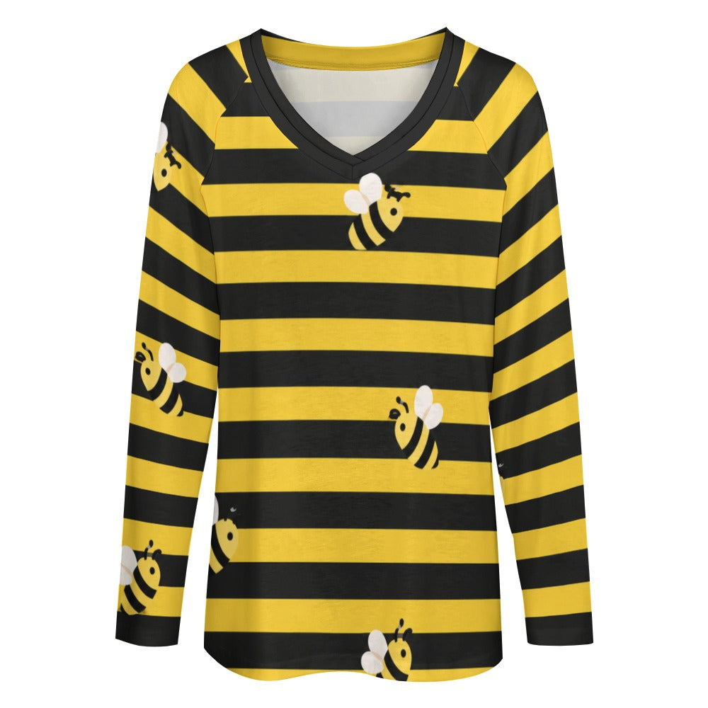 Bee Black Yellow Striped Women Long Sleeve Tshirt loose fit, Bumble Relaxed V-neck Designer Graphic Aesthetic Ladies Female Tee Top Shirt
