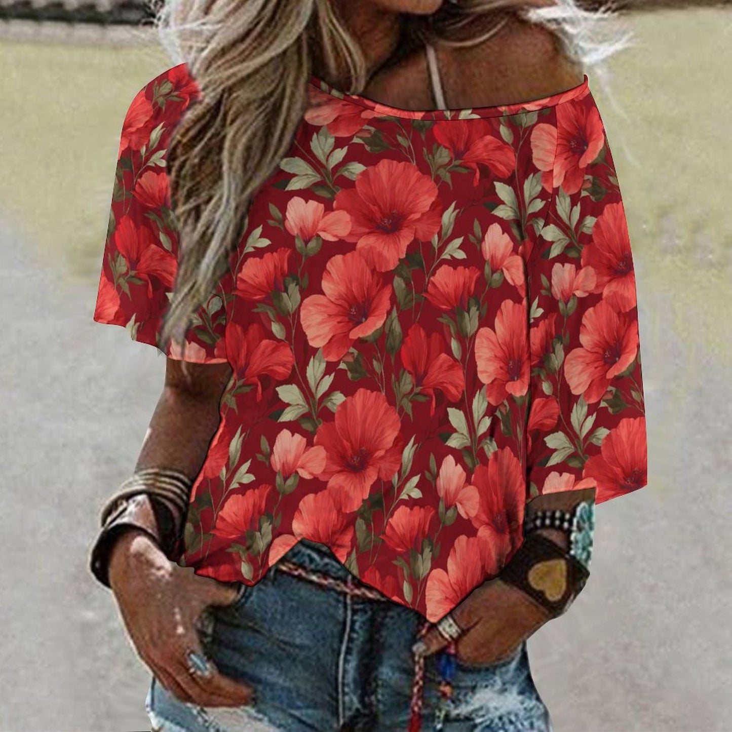 Red Floral Off the Shoulder Top Tshirt, Flowers Women Ladies Half Sleeve Shirt Blouse Loose Relaxed Fit Festival Casual Lightweight