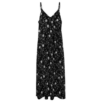 Black Floral Maxi Dress, White Flowers Long Spaghetti Straps Flowy Women Sleeveless Casual Cute Designer Elegant Plus Size Cocktail Party