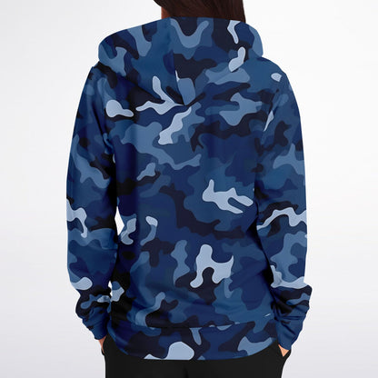 Navy Blue Camo Zip Up Hoodie, Camouflage Full Zipper Pocket Men Women Unisex Adult Aesthetic Graphic Cotton Fleece Hooded Sweatshirt