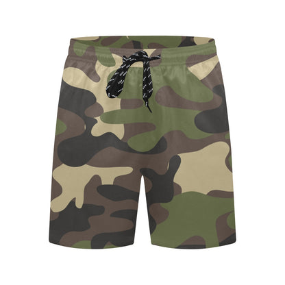 Green Camo Men Swim Trunks, 7" Inseam Shorts Camouflage Beach Pockets Mesh Lining Drawstring Casual Bathing Suit Plus Size Male Swimwear