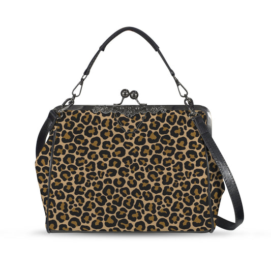 Leopard Kiss Lock Purse Handbag, Animal Print Cheetah Brown Print Vegan Leather Vintage Designer Shoulder Crossbody Top Handle Clasp Bag