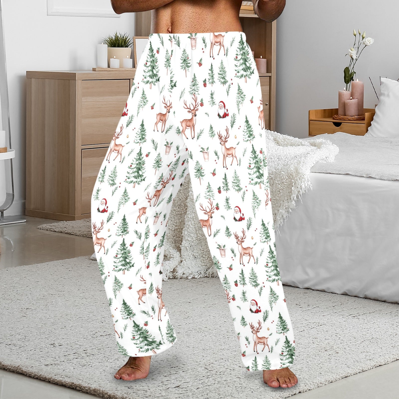 White Christmas Men Pajamas Pants, Santa Claus Trees Reindeer Xmas