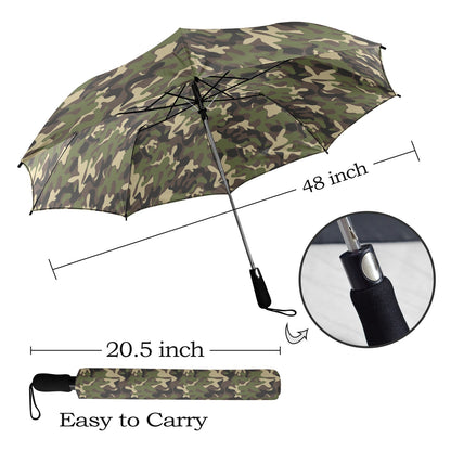Camo Umbrella, Green Camouflage Print Golf Anti-UV Semi-Automatic Sun Rain Parasol Large Compact Windproof Designer Luxury Men Women
