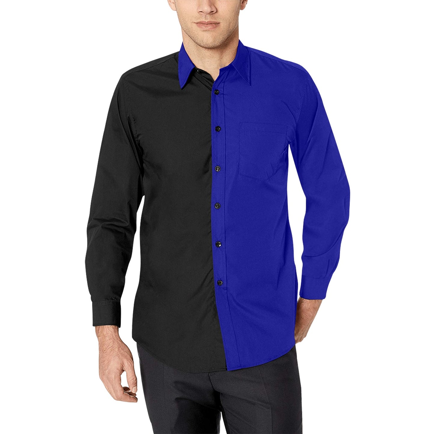 Half Black Half Blue Long Sleeve Men Button Up Shirt, Color Block Split Two Tone Combo Print Buttoned Collared Dress Shirt Chest Pocket