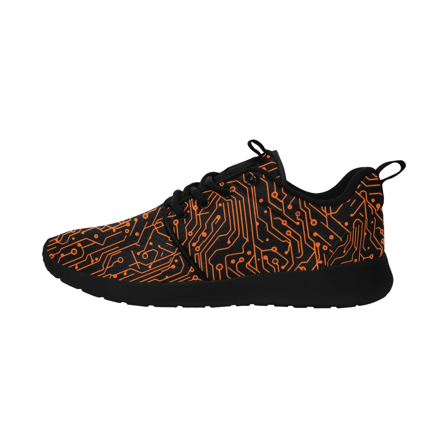 Black Orange Men Pull Loop Sneaker, Circuit Board Lace Up Athletic