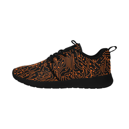 Black Orange Men Pull Loop Sneaker, Circuit Board Lace Up Athletic