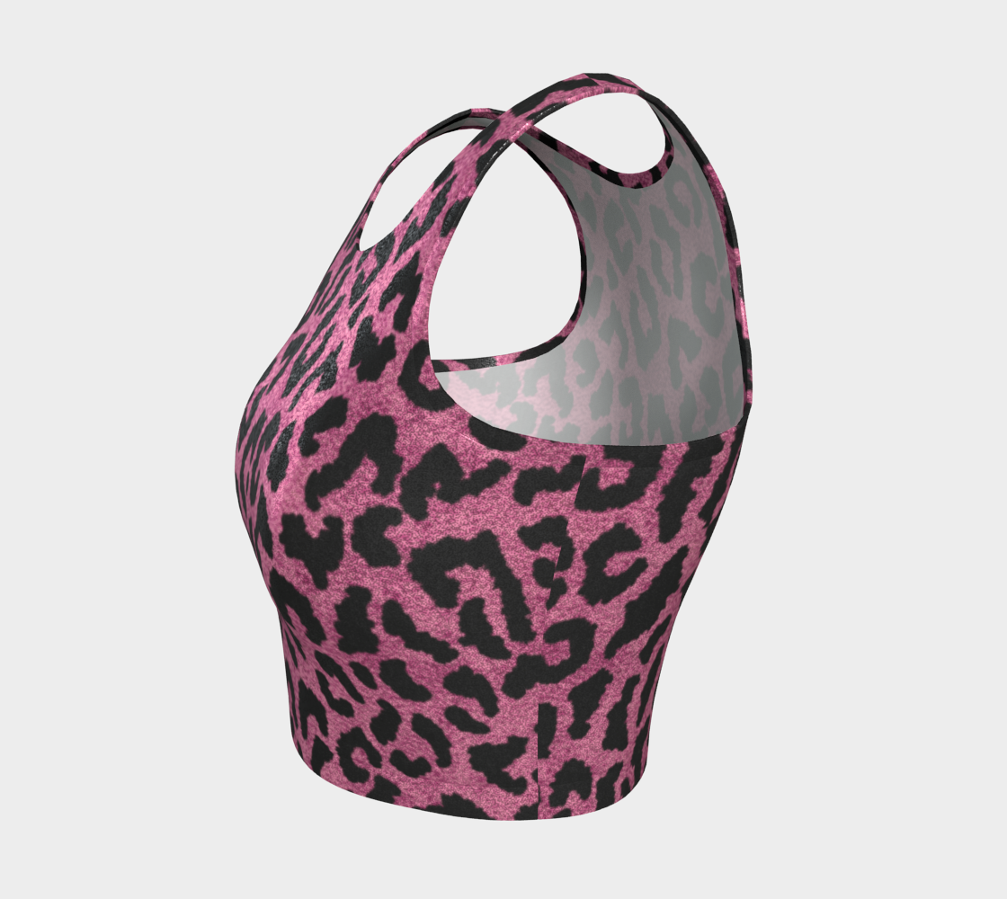 Pink Leopard Workout Crop Top, Animal Print Sparkly Glitter Women Cute Moisture Wicking Exercise Gym Athletic Festival Cropped Shirt