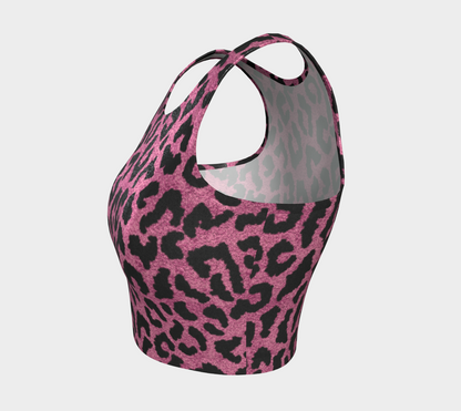 Pink Leopard Workout Crop Top, Animal Print Sparkly Glitter Women Cute Moisture Wicking Exercise Gym Athletic Festival Cropped Shirt