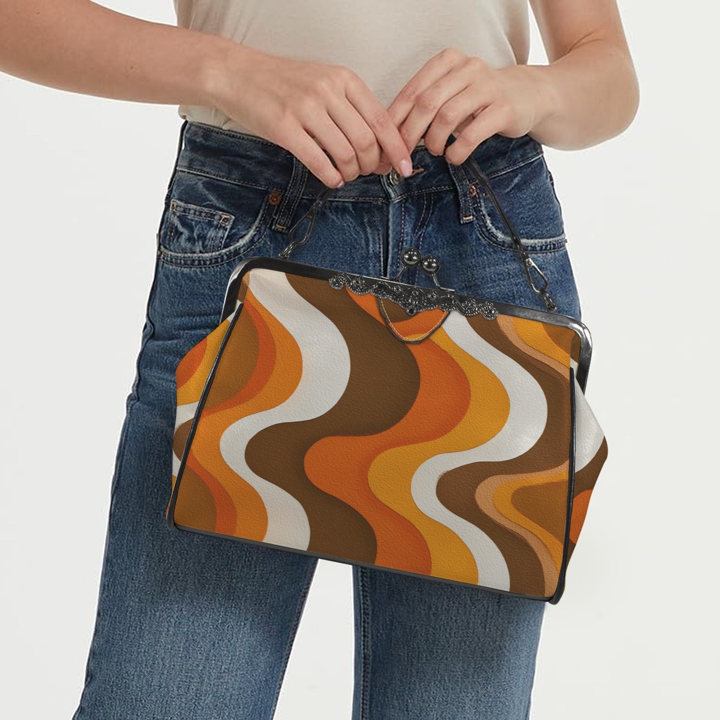 70s Retro Kiss Lock Purse Handbag, Orange Brown Wavy Striped Print Vegan Leather Vintage Designer Shoulder Crossbody Top Handle Clasp Bag