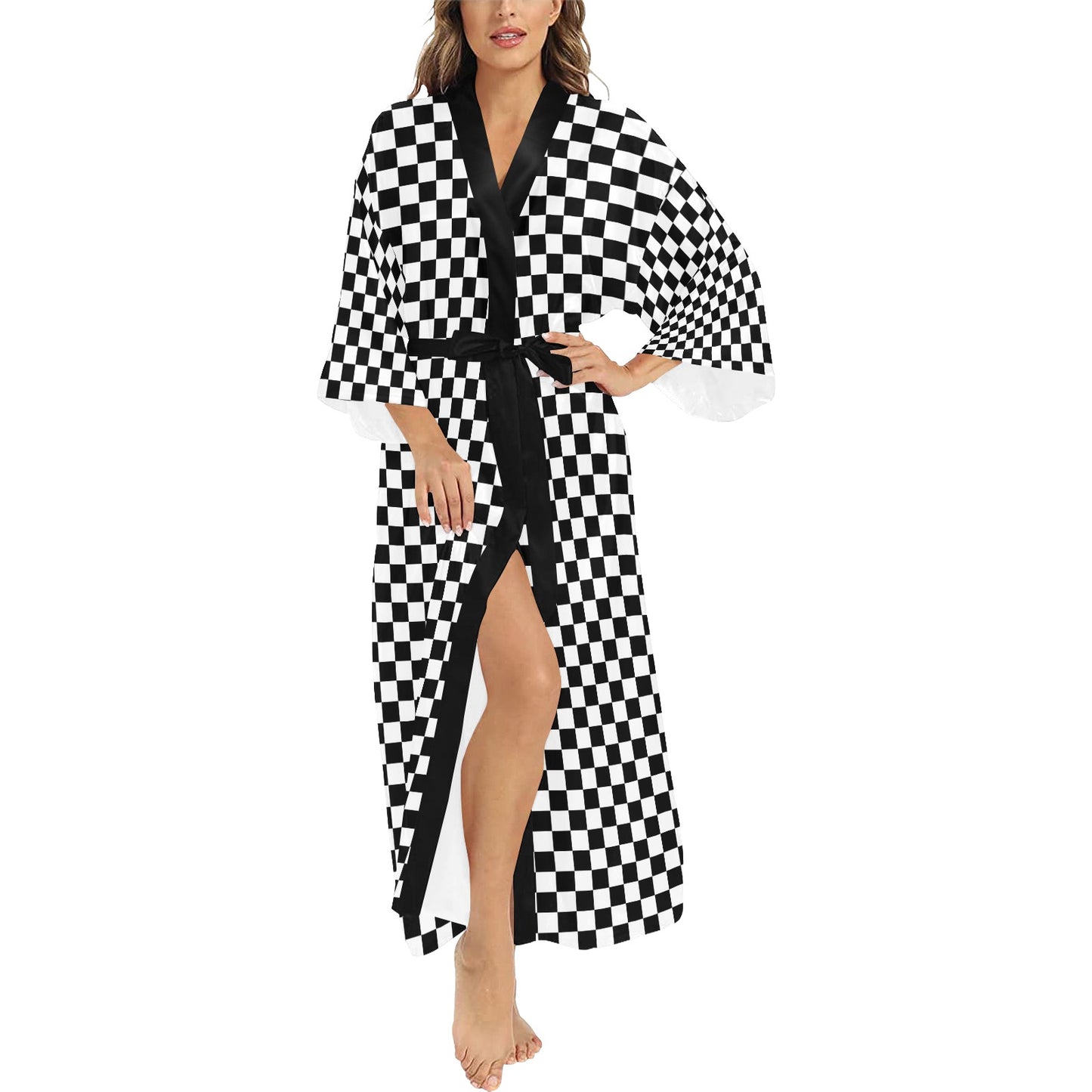 Checkered Kimono Robe, Black White Check Racing Flag Japanese Chinese Women Ladies Long Lounge Sleepwear Bathrobe Pajamas