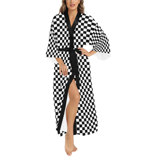 Checkered Kimono Robe, Black White Check Racing Flag Japanese Chinese Women Ladies Long Lounge Sleepwear Bathrobe Pajamas