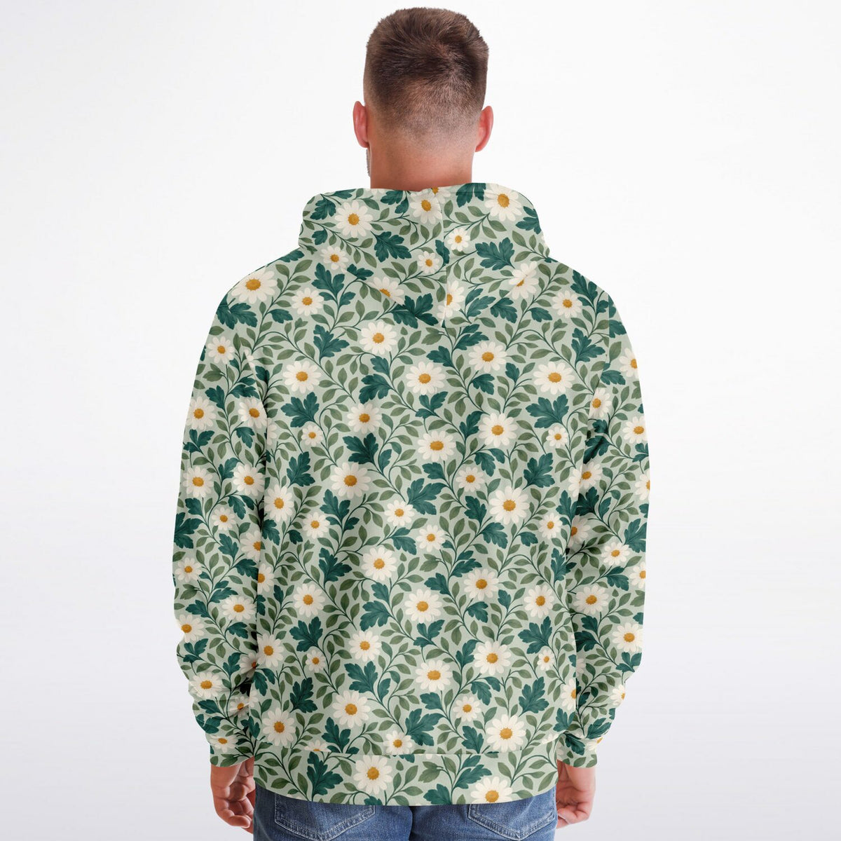 Daisy Zip Up Fleece Lined Hoodie, Floral Green Flowers Sherpa Heavyweight Full Zipper Pocket Men Women Unisex Hooded Sweatshirt Jacket