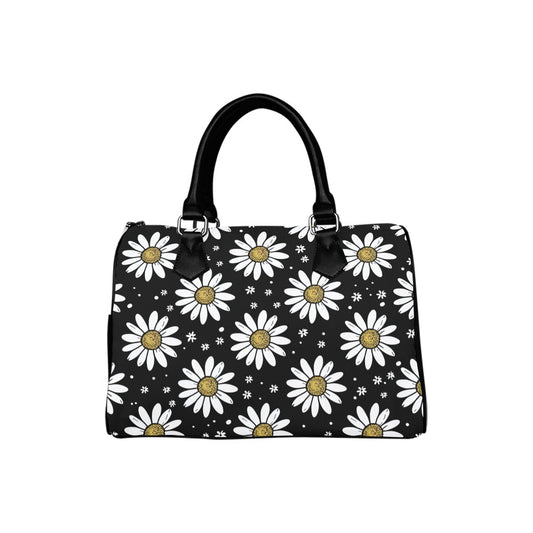 Daisy Handbag Purse, White Floral Flowers Black Print Cute Art Zipper Canvas Leather Top Handle Barrel Type Women Designer Ladies Bag - Starcove Fashion