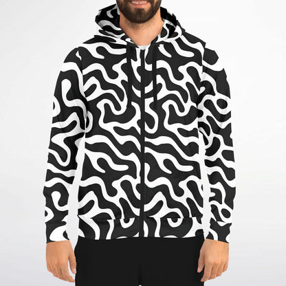 Black White Zip Up Hoodie, Trippy Psychedelic Wavy Groovy Funky Full Zipper Pocket Men Women Unisex Adult Cotton Fleece Hooded Sweatshirt