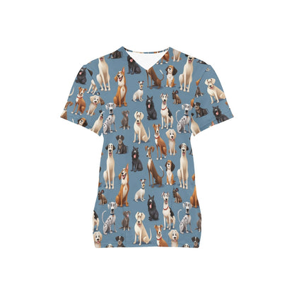 Dog Breed Medical Scrubs Top Women, Pet Animal Grooming Clinic Ladies Female Plus Size Nursing Nurse Vet Veterinary Hospital Uniform Pockets