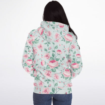 Pink Green Floral Zip Up Fleece Lined Hoodie, Flowers Peony Blossom Heavyweight Full Zipper Pocket Men Women Unisex Hooded Sweatshirt Jacket