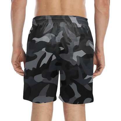 Black Camo Men Swim Trunks, 7" Inseam Shorts Camouflage Beach Pockets Mesh Lining Drawstring Casual Bathing Suit Plus Size Male Swimwear