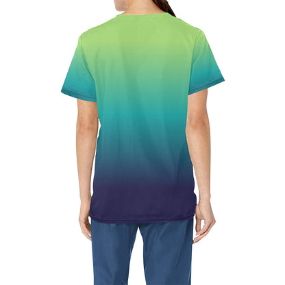 Blue Green Ombre Medical Scrubs Top Women, Gradient Tie Dye Ladies Female Plus Size Nursing Nurse Vet Veterinary Assistant Uniform Pockets