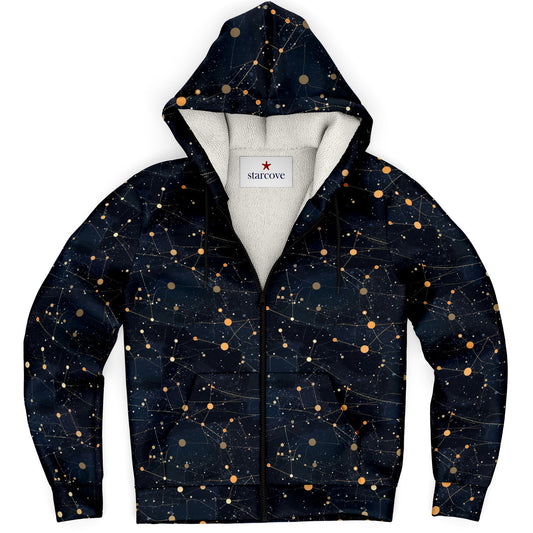 Constellation Zip Up Fleece Lined Hoodie, Space Galaxy Heavyweight Full Zipper Pocket Men Women Unisex Aesthetic Hooded Sweatshirt Jacket