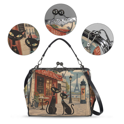 Mid Century Modern Cats Kiss Lock Purse Handbag, Paris Dark Print Vegan Leather Vintage Designer Shoulder Crossbody Top Handle Clasp Bag