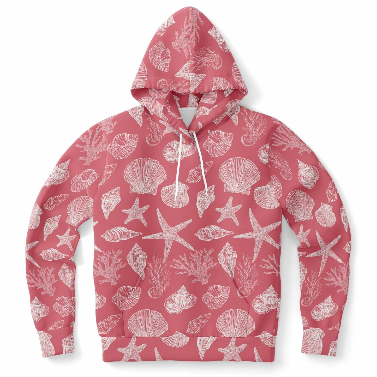 Coral Pink Beach Hoodie, Ocean Sea Shells Star Pullover Men Women Adult Graphic Cotton Hooded Sweatshirt with Pockets Designer Plus Size