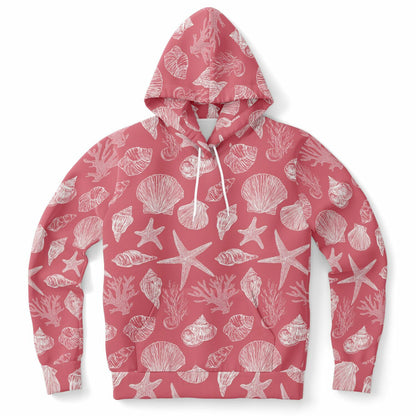 Coral Pink Beach Hoodie, Ocean Sea Shells Star Pullover Men Women Adult Graphic Cotton Hooded Sweatshirt with Pockets Designer Plus Size