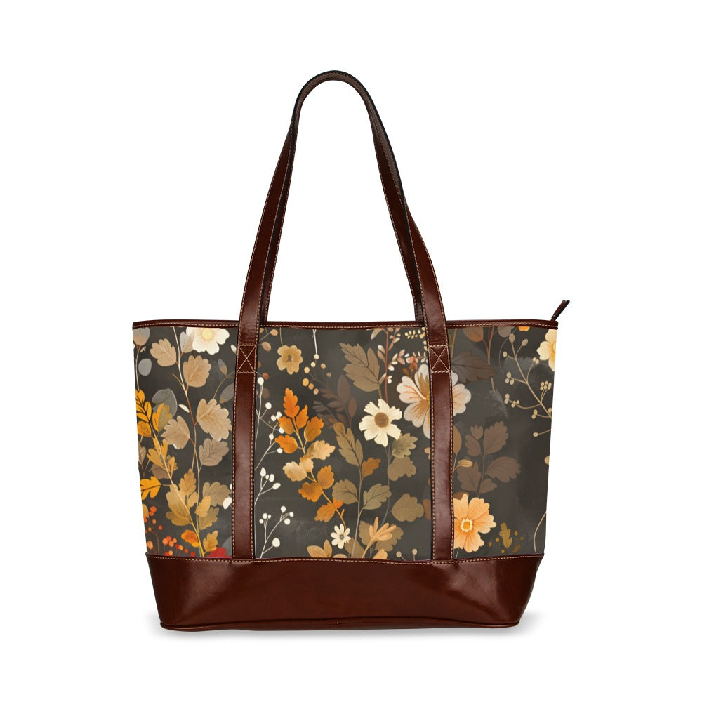 Floral Canvas Tote Bag with Zipper, Flowers Waterproof Pockets Beach Pool Designer Fabric Shoulder Handbag Women Work Purse Travel Carry On