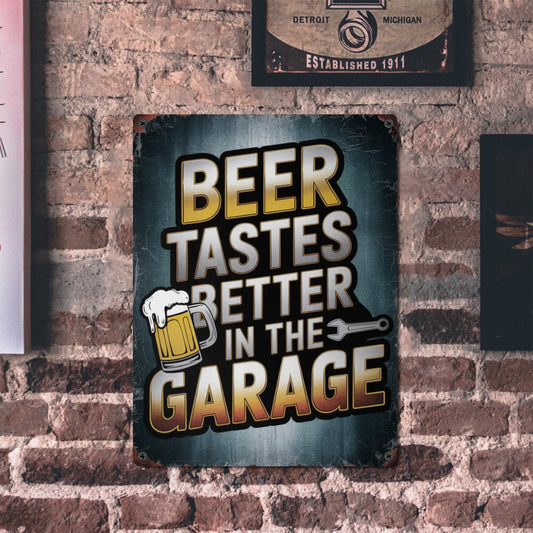 Beer Tastes Better In The Garage Vintage Metal Tin Signs, Mancave Home Bar Retro Wall Art Hanging Brewing Tacker Outdoors Exterior Plaques