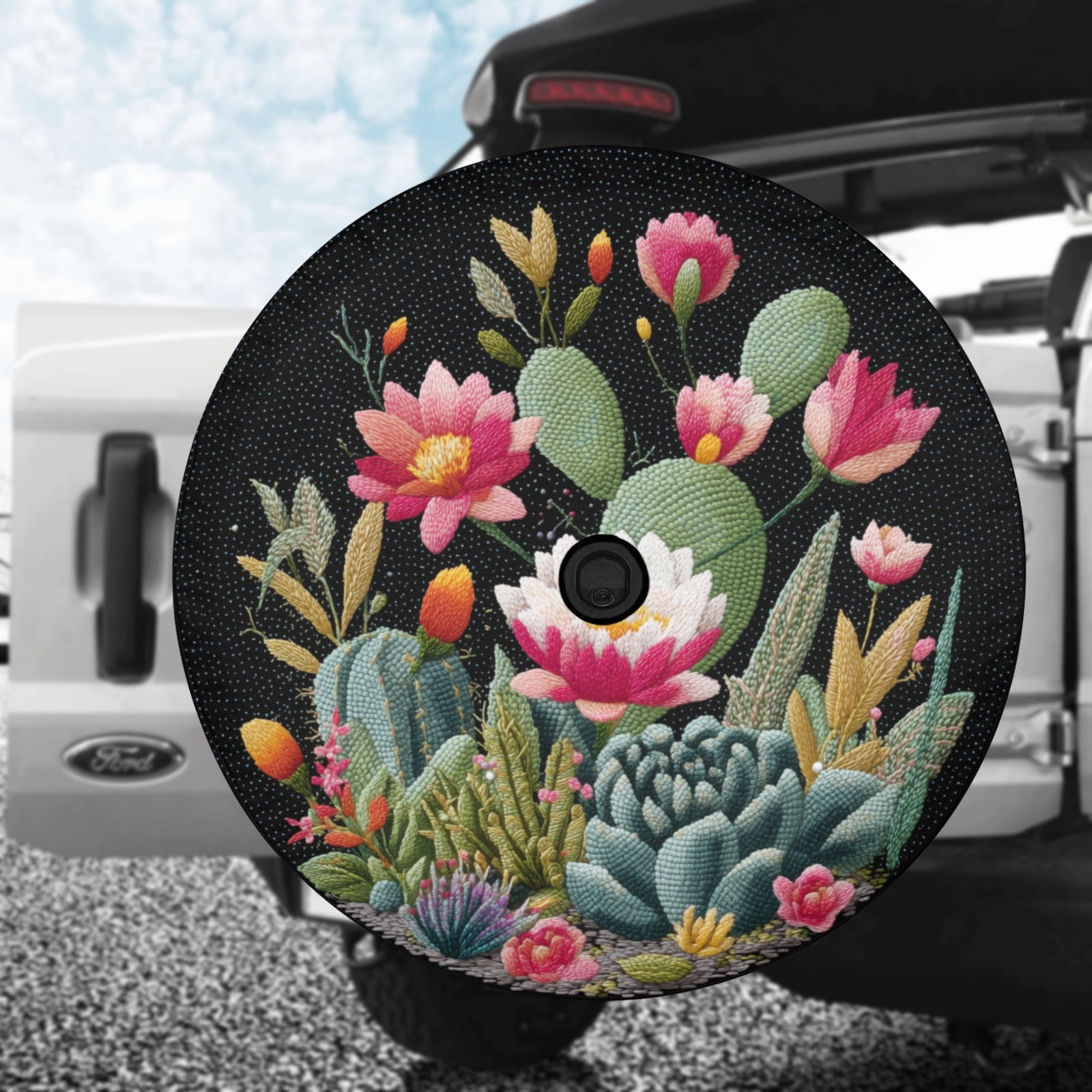 Cactus Succulent Spare Tire Cover, Floral Botanicals Flowers Faux Embroidery Rear Extra Backup Camera Hole Wheel RV Cars RV Trailer Campers - Starcove Fashion