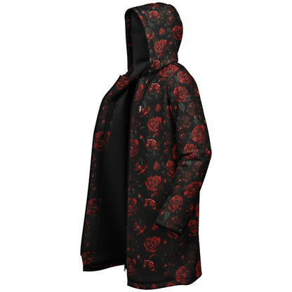 Red Roses Hooded Fleece Jacket, Black Zipper Coat Cloak Men Women Ladies Long Winter Warm Mink Hooded Parka Festival Wearable Cape Pockets