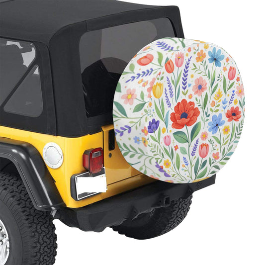 White Floral Spare Tire Cover, Flowers Garden Wheel Accessories Unique Design Backup Camera Hole Trailer Back Women Girly SUV Rear Protector